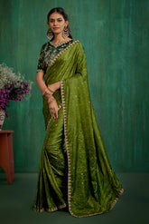 Olive Green Elegant Satin Jacquard Embroidery Ready to Wear Saree - Shop Now Online-RTW-4376